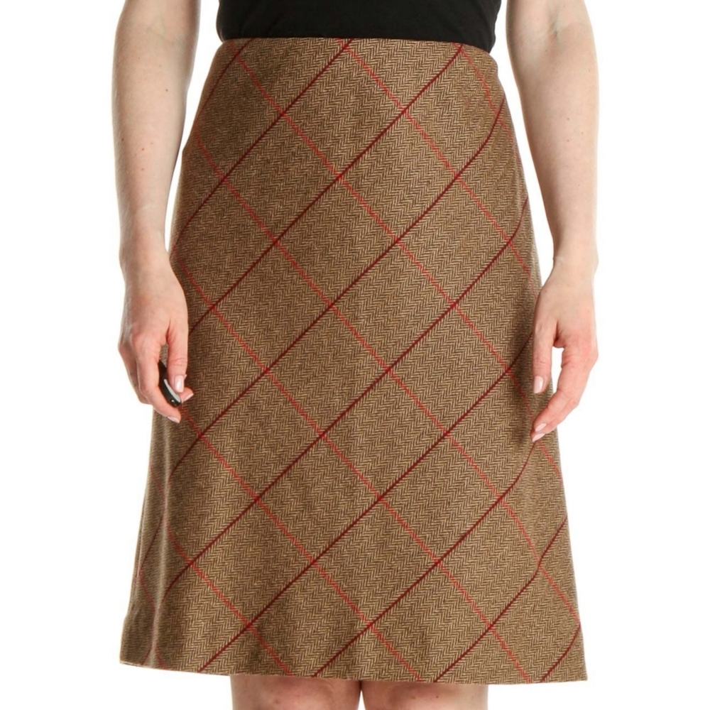 LOFT Herringbone Plaid Tweed Wool Blend Skirt Black Burgundy Brown • SIZE 6P